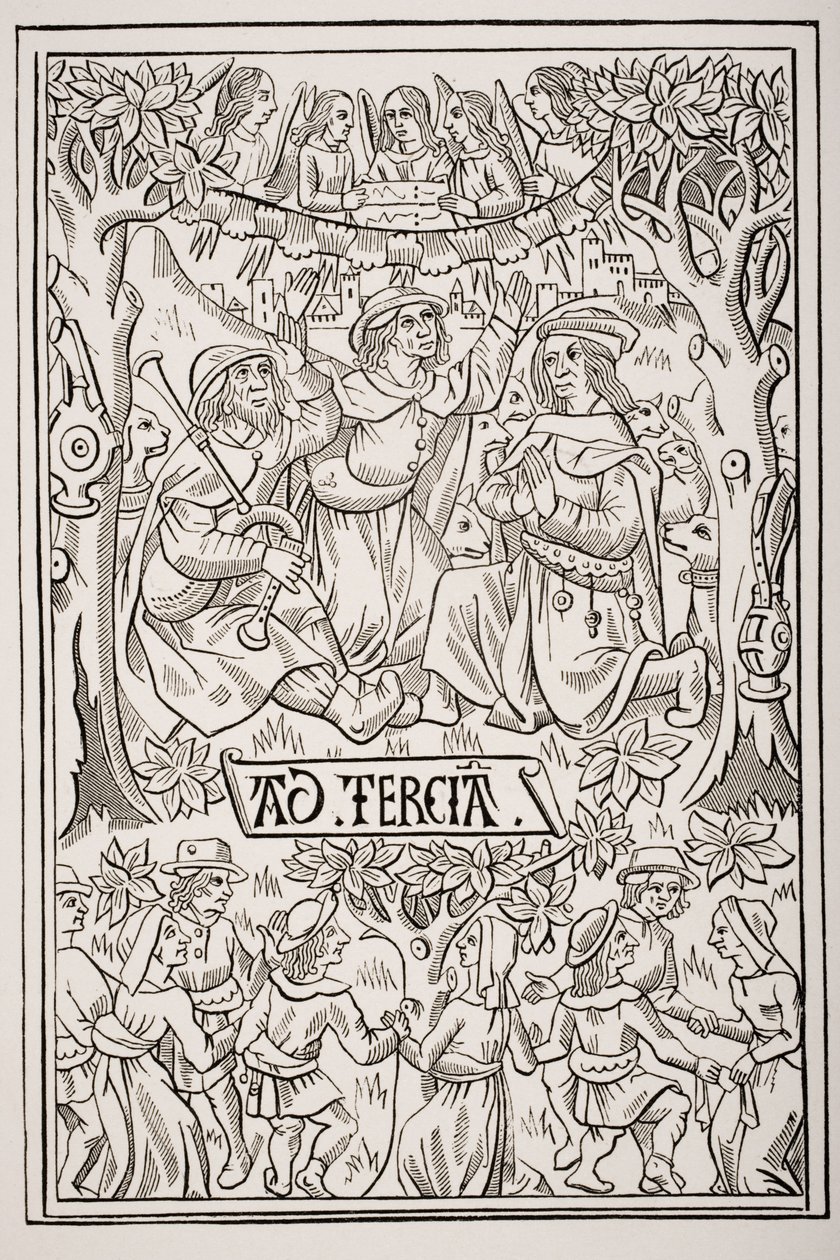 Shepherds Celebrating the Birth of the Messiah with Songs and Dances, after a 15th century woodcut from a Book of Hours, from 