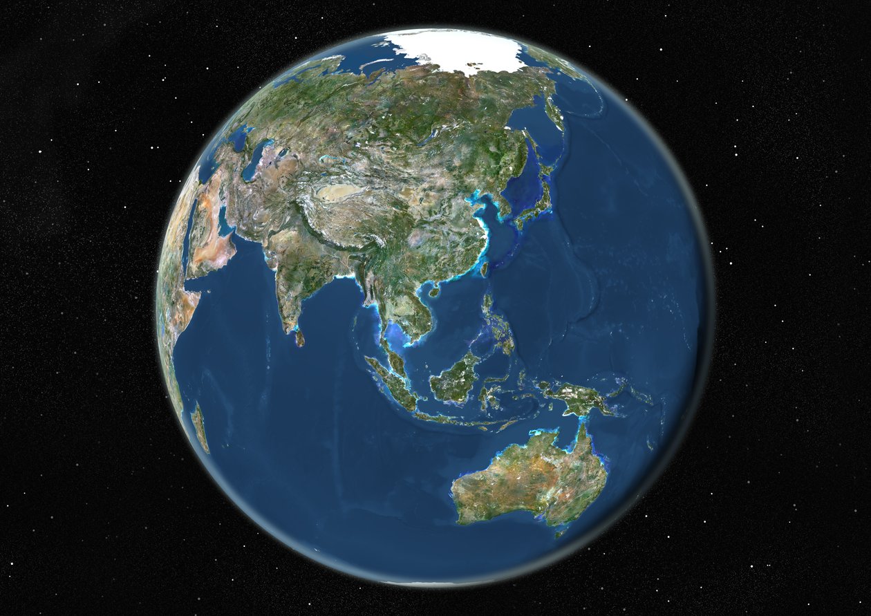 Globe Centred on Asia and Oceania, True Colour Satellite Image by Unknown