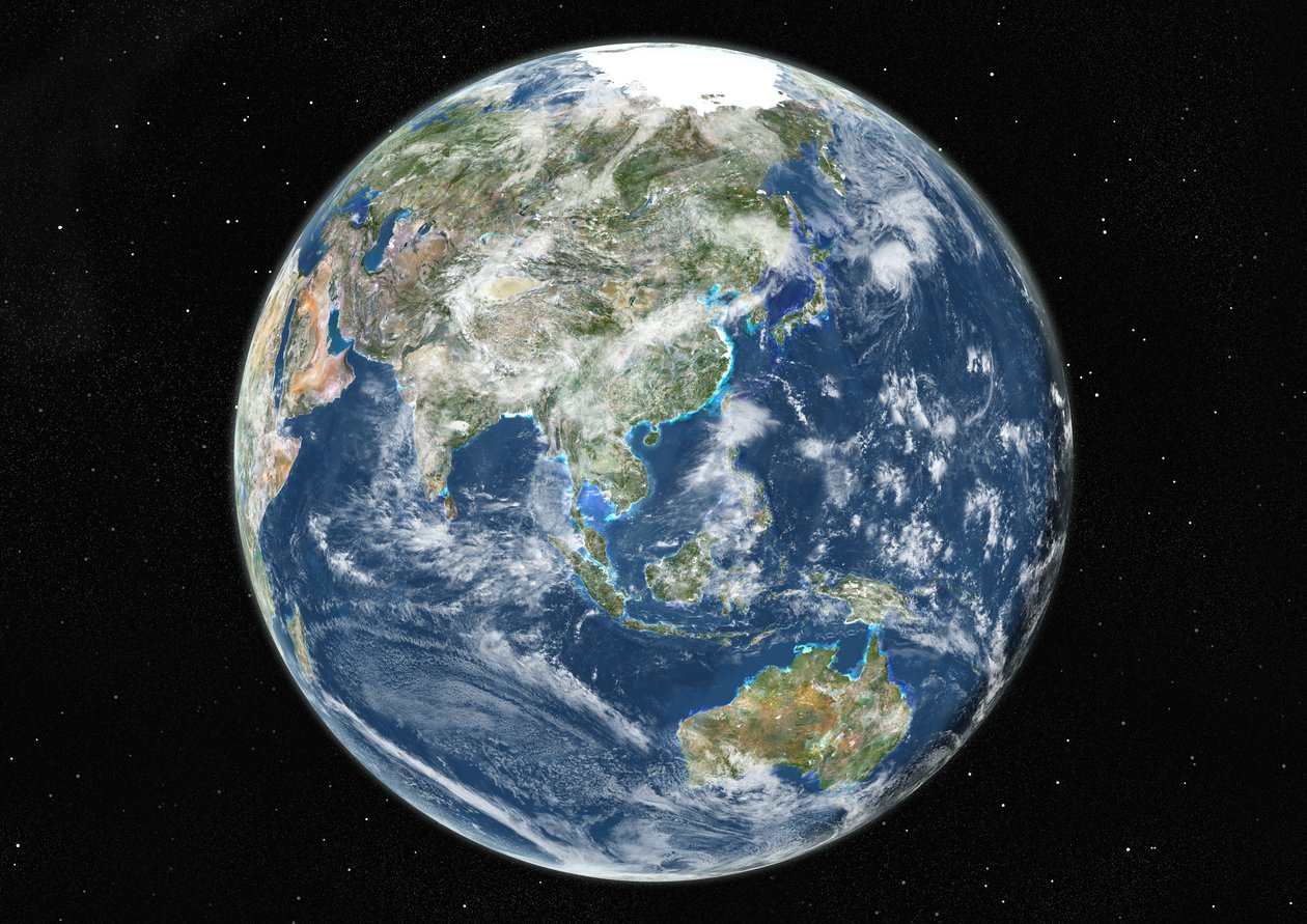 Globe Centred on Asia and Oceania, True Colour Satellite Image by Unknown