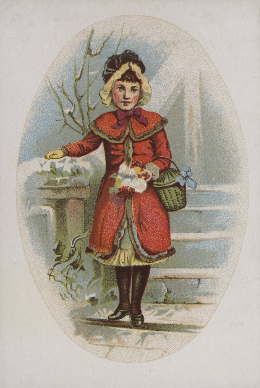 Elegant Girl in Red Coat Holding Basket by American School