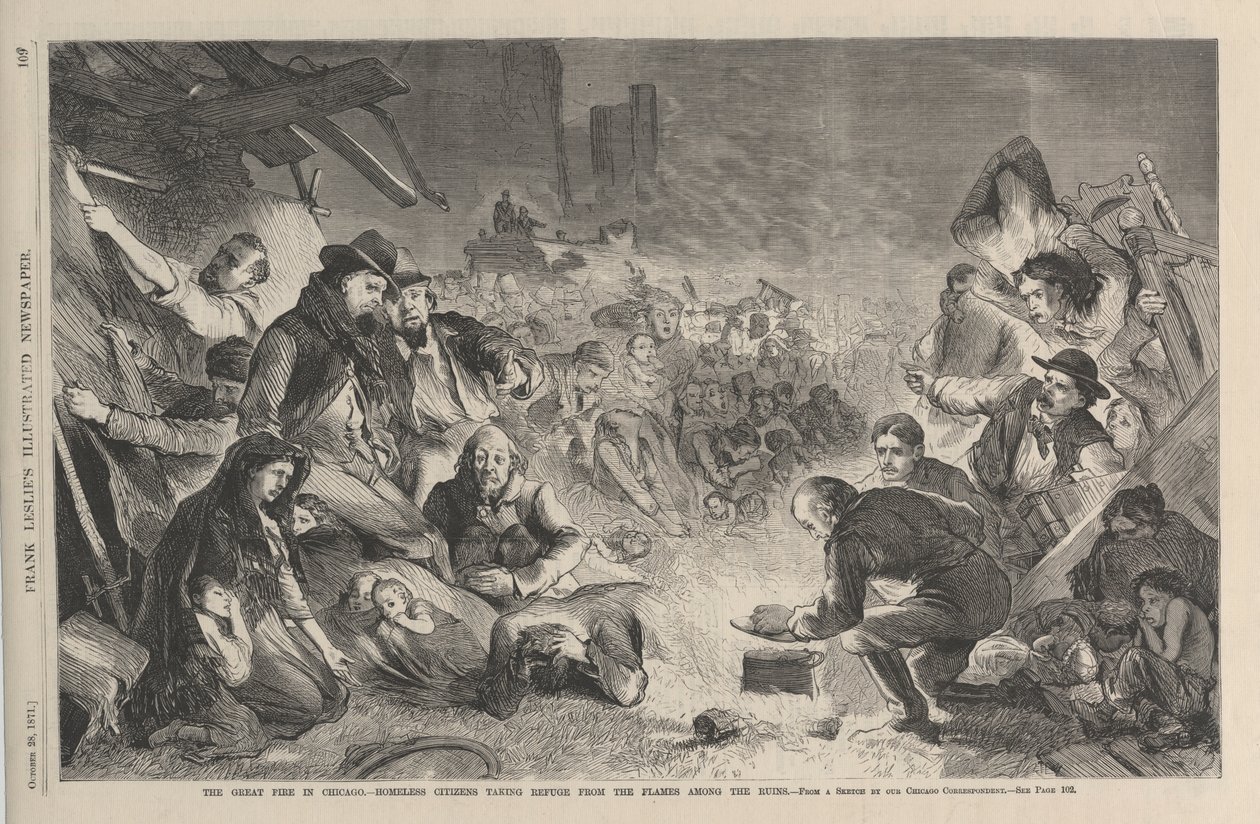 The great fire in Chicago--homeless citizens taking refuge from the flames among the ruins, illustration from Frank Leslie