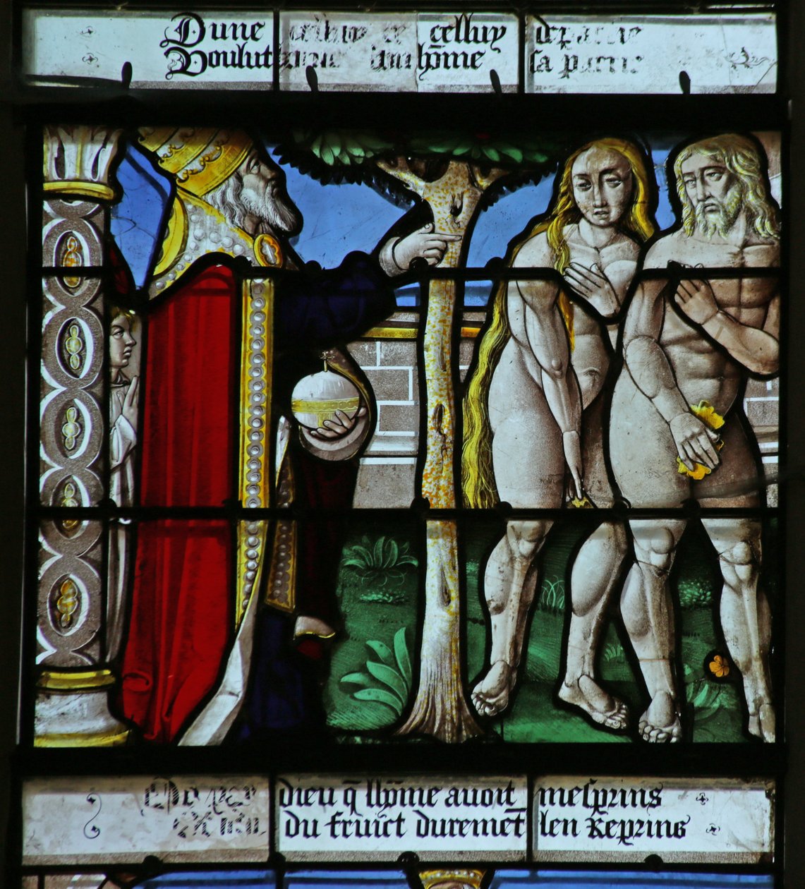 Window depicting Adam and Eve hiding their Nakedness by French School