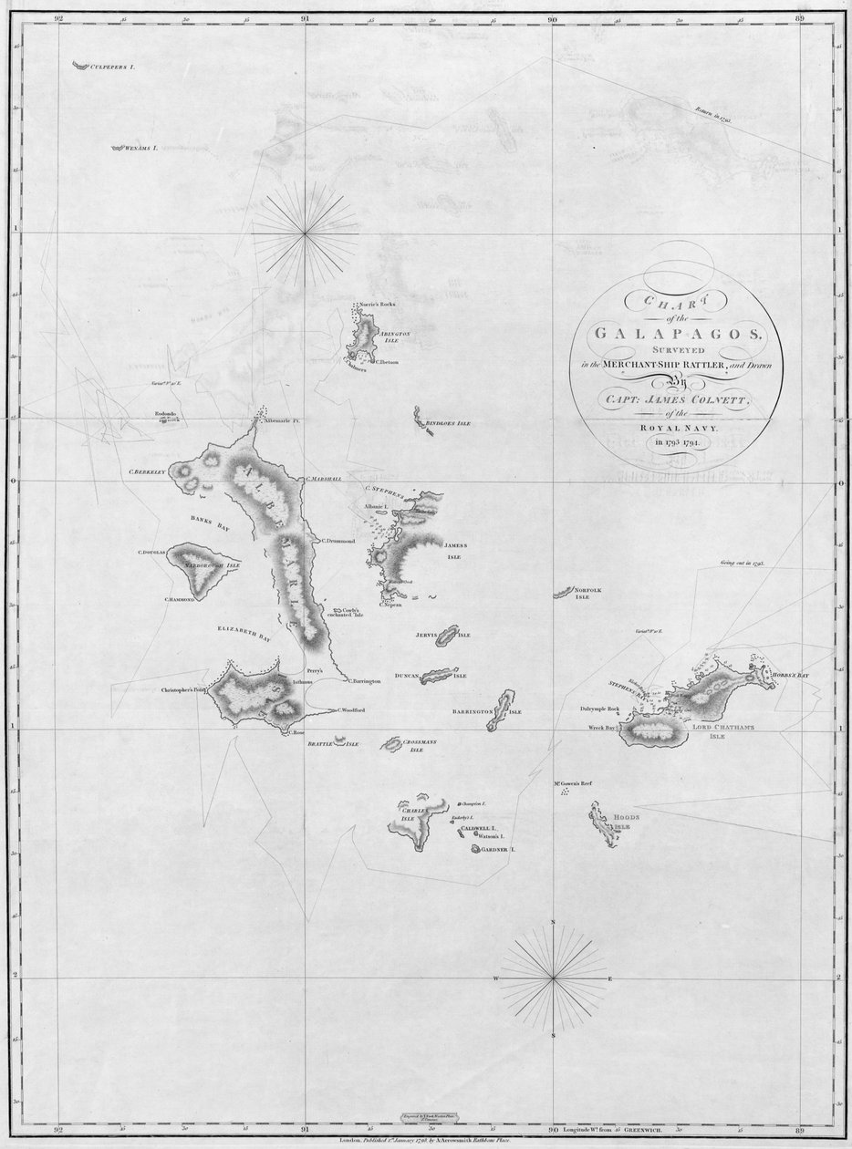 Chart of the Galapagos, Surveyed in the Merchant-Ship Rattler by Aaron Arrowsmith