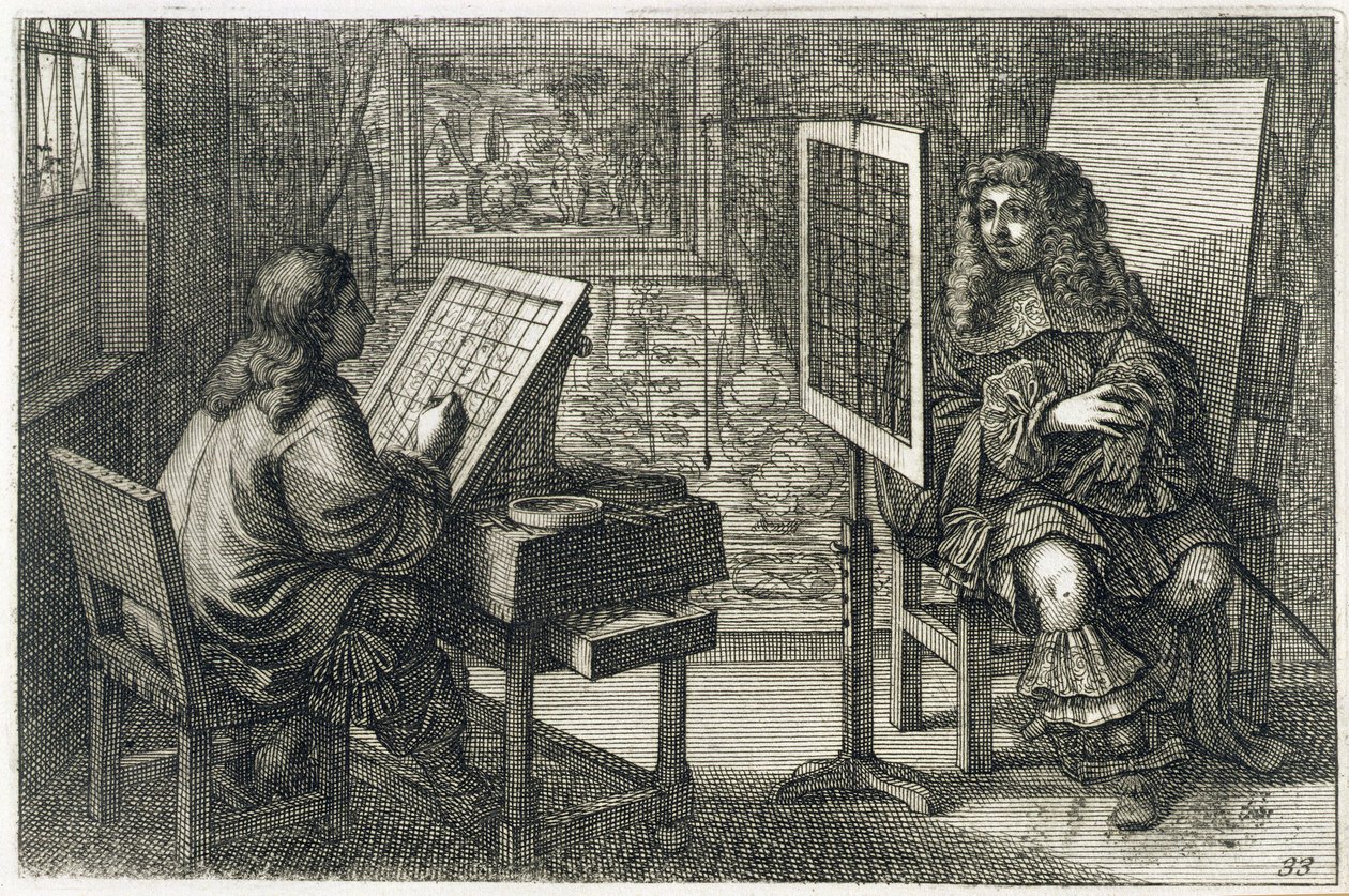 Artist painting a portrait over a grid for accurate proportion, printed Paris 1737 by Abraham Bosse