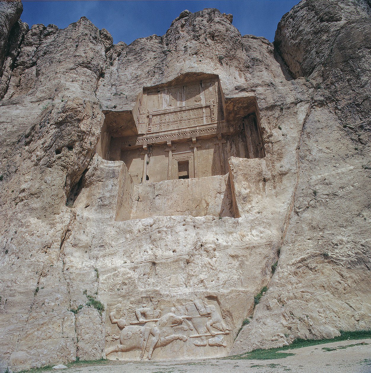 The rock-cut tomb of Artaxerxes I, with a Sasanian relief below depicting Shapur I