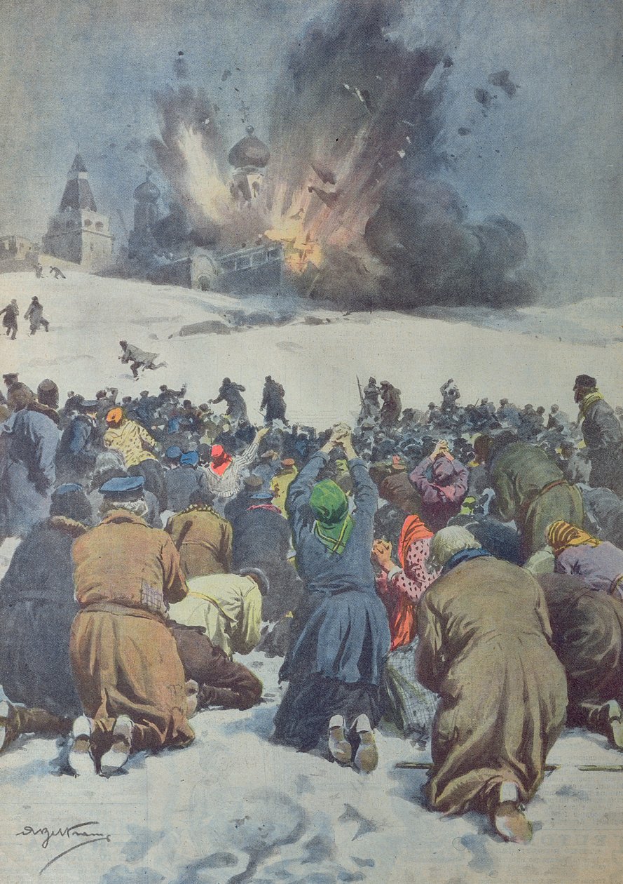 Destruction of an ancient monastic church by the Soviets, and accompanying lamentation by the faithful, illustration from 