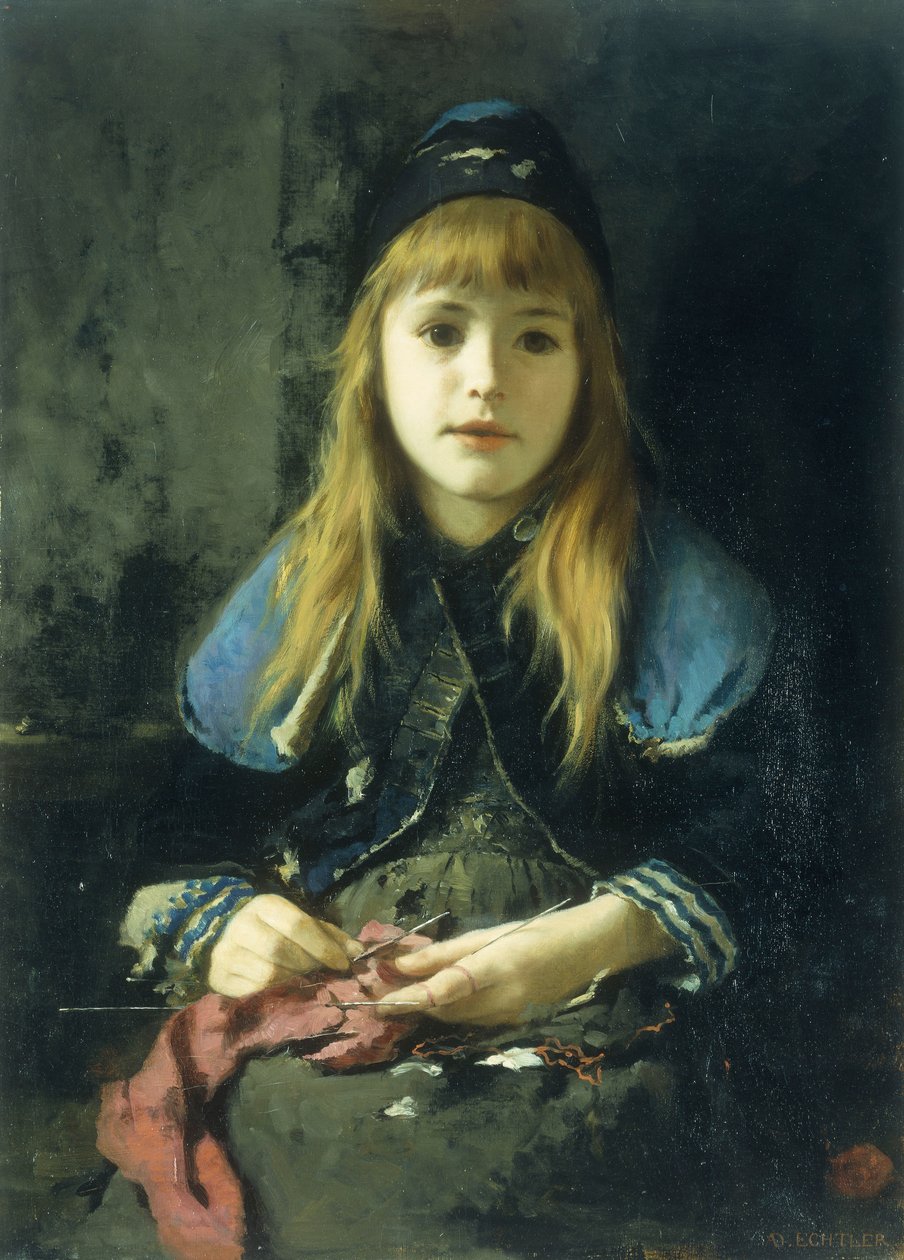 A Young Girl Knitting by Adolf Echtler