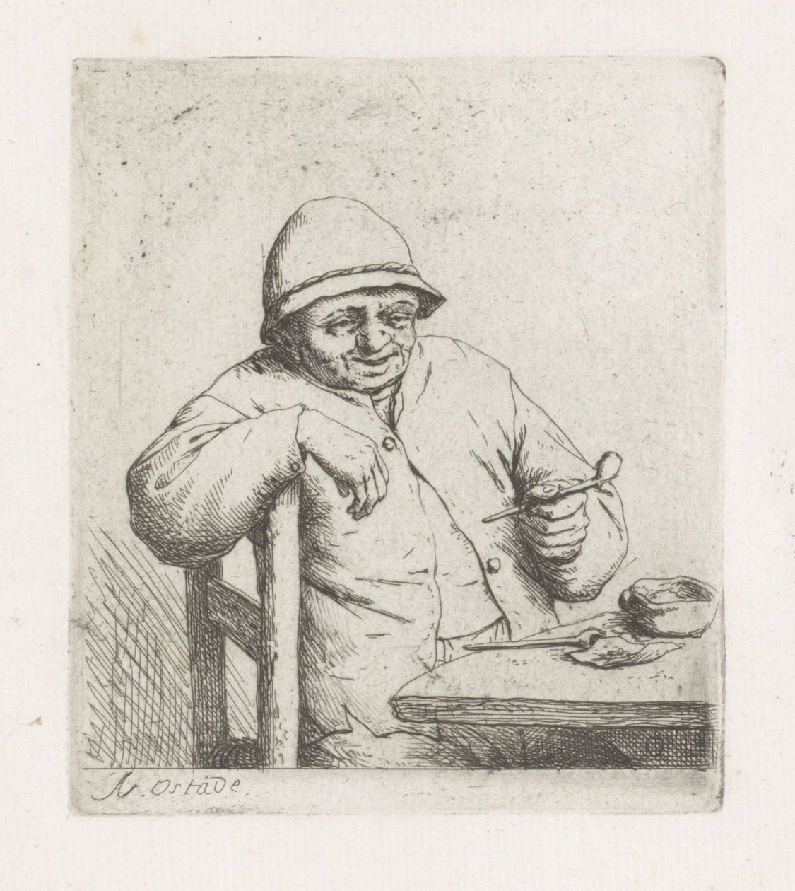 Man with a pipe at a table by Adriaen van Ostade