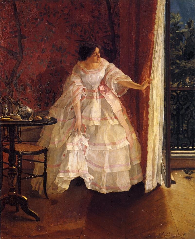 Lady at a Window Feeding Birds by Alfred Emile Stevens