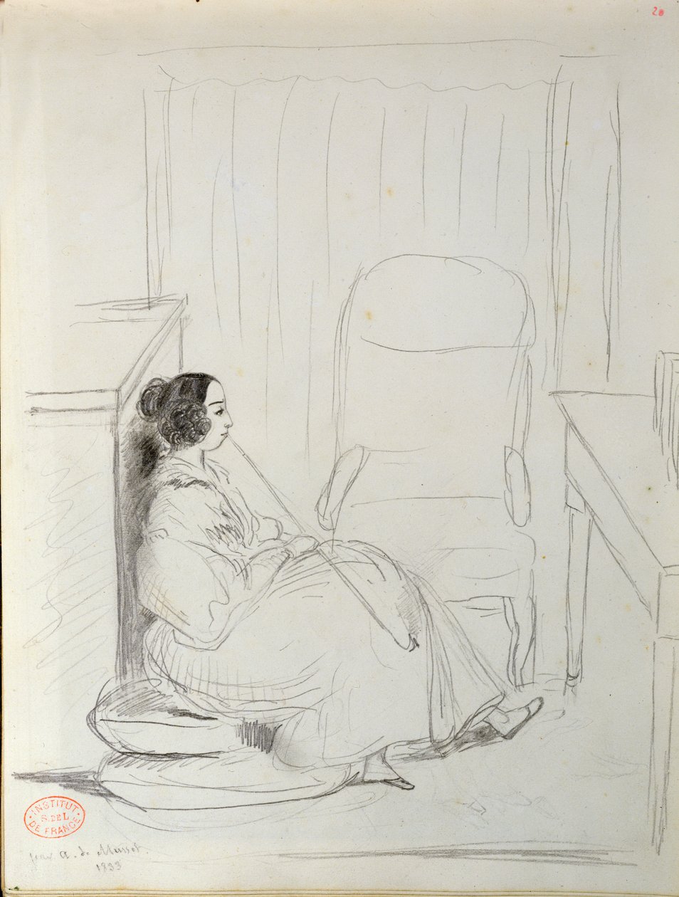 George Sand Seated and Smoking a Pipe, 1833 by Alfred de Musset