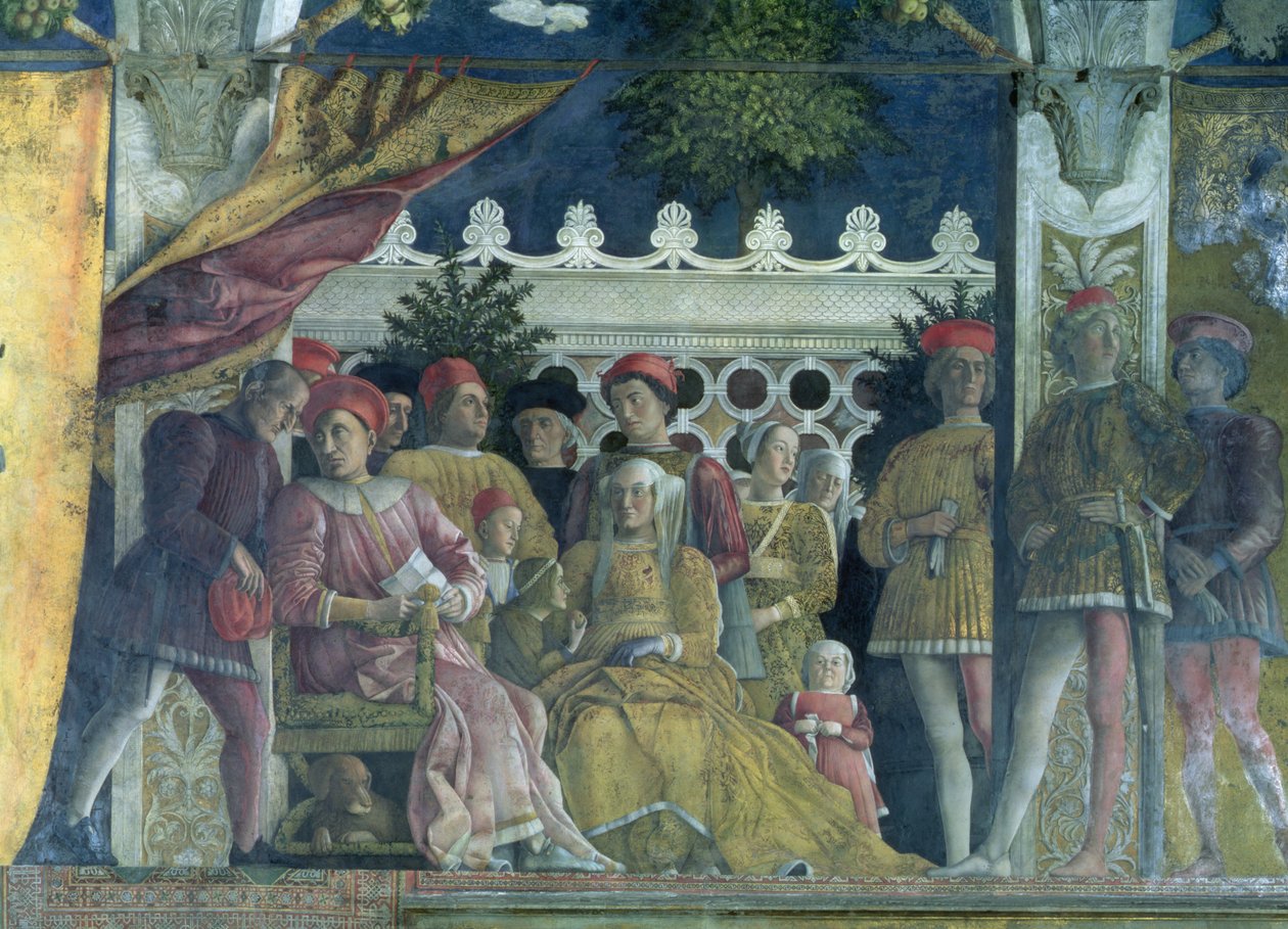 Marchese Ludovico Gonzaga III of Mantua, his wife Barbara of Brandenburg, children, courtiers and their dog Rubino, from the Camera degli Sposi or Camera Picta, 1465-74 (detail) by Andrea Mantegna