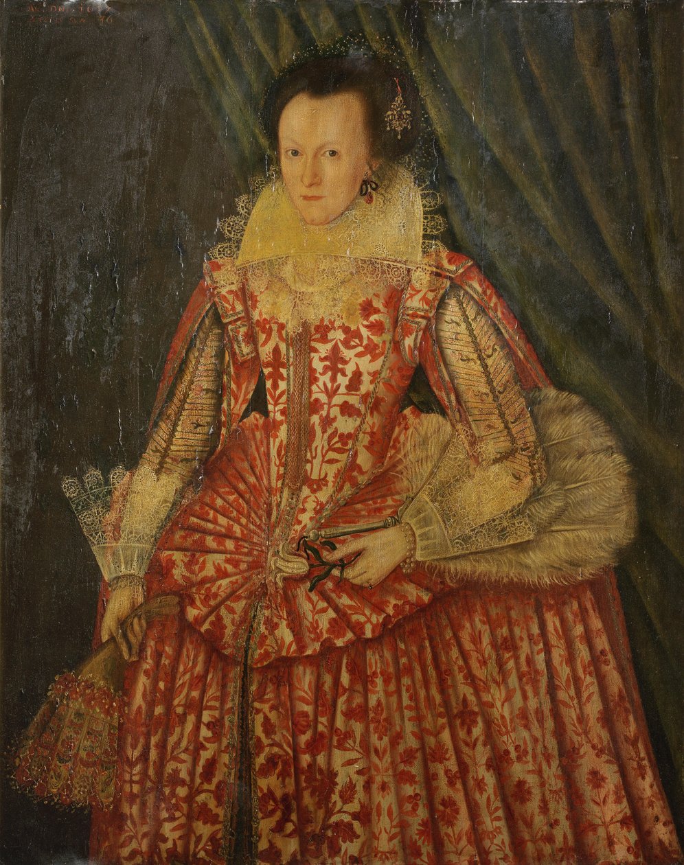 Portrait of a Lady, Three-quarter-length, in a Red and White Dress, Holding Gloves and a Fan by Anonymous