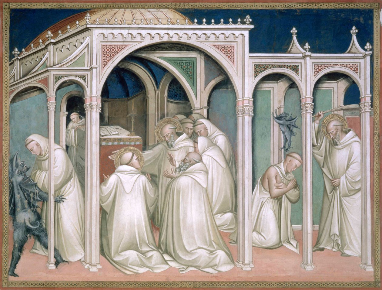 The Saint Frees a Monk Possessed, (detail) from the Life of Saint Benedict, in the Sacristy, 1387 by Aretino Luca Spinello or Spinelli