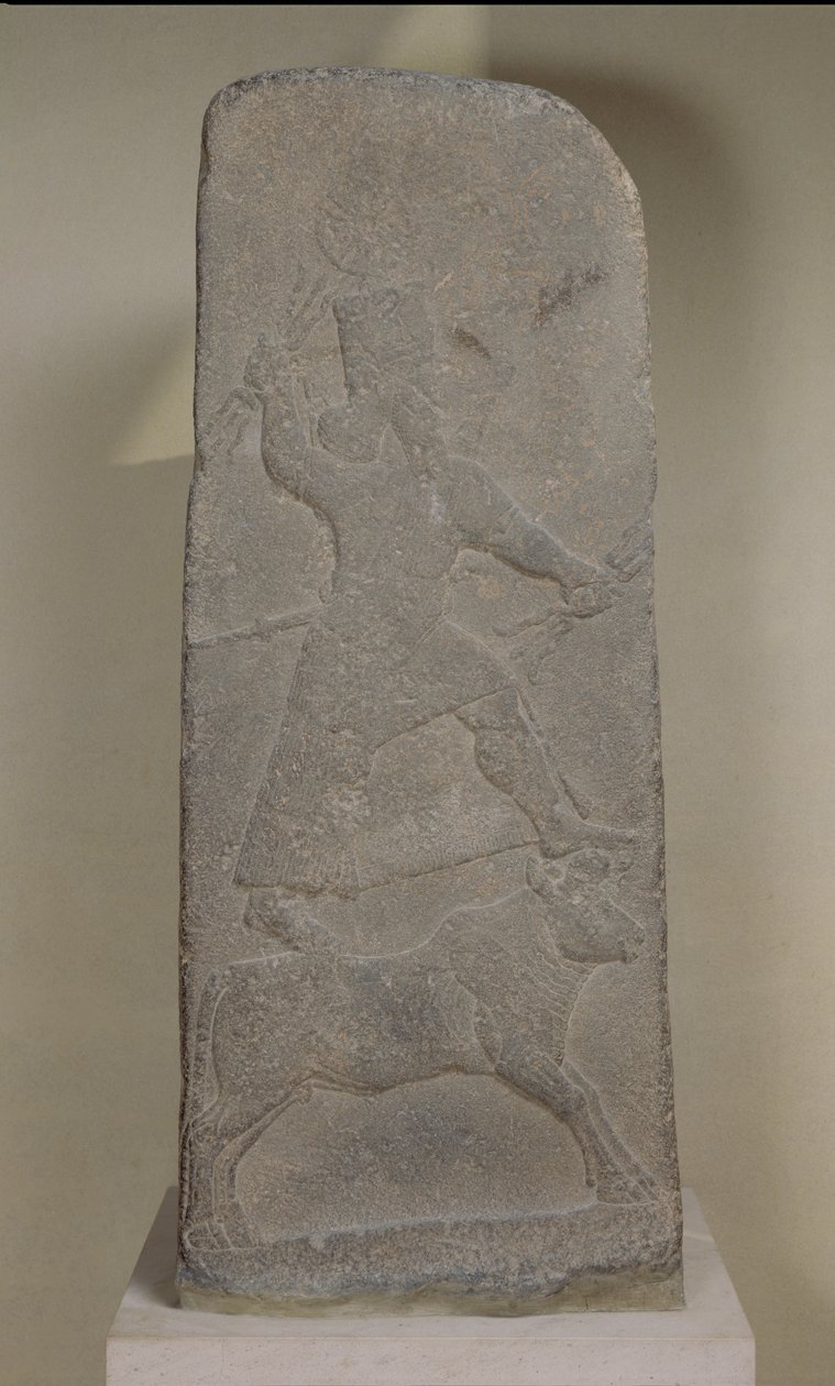 Stele depicting the storm-god Adad standing on his bull and brandishing lightning bolts, from the Temple of Ishtar, Arslan Tash (Hadatu) by Assyrian