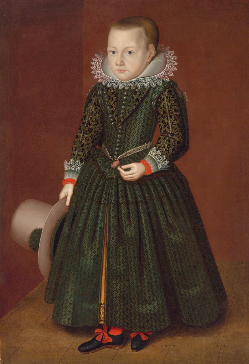 Portrait of a Young Boy, Standing, in Skirts, Holding a Plumed Hat by Wybrand Simonsz. de Geest