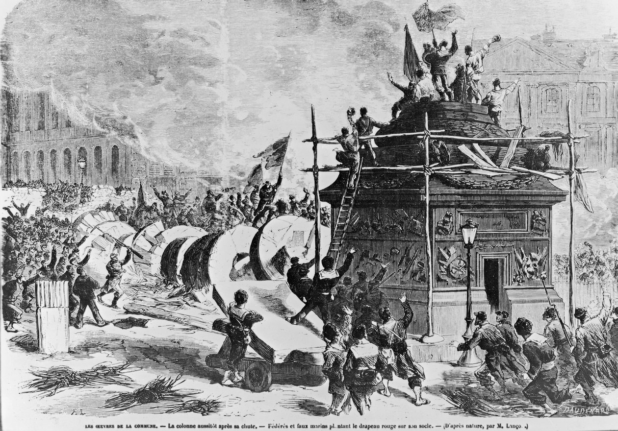 The Vendome column just after its fall, Federes and fake sailors putting the red flag in the pedestal, 16th May 1871 by Auguste Andre Lancon