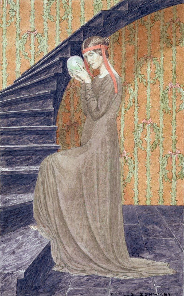 Young woman in Aesthetic style dress holding a sphere by Carlos Schwabe