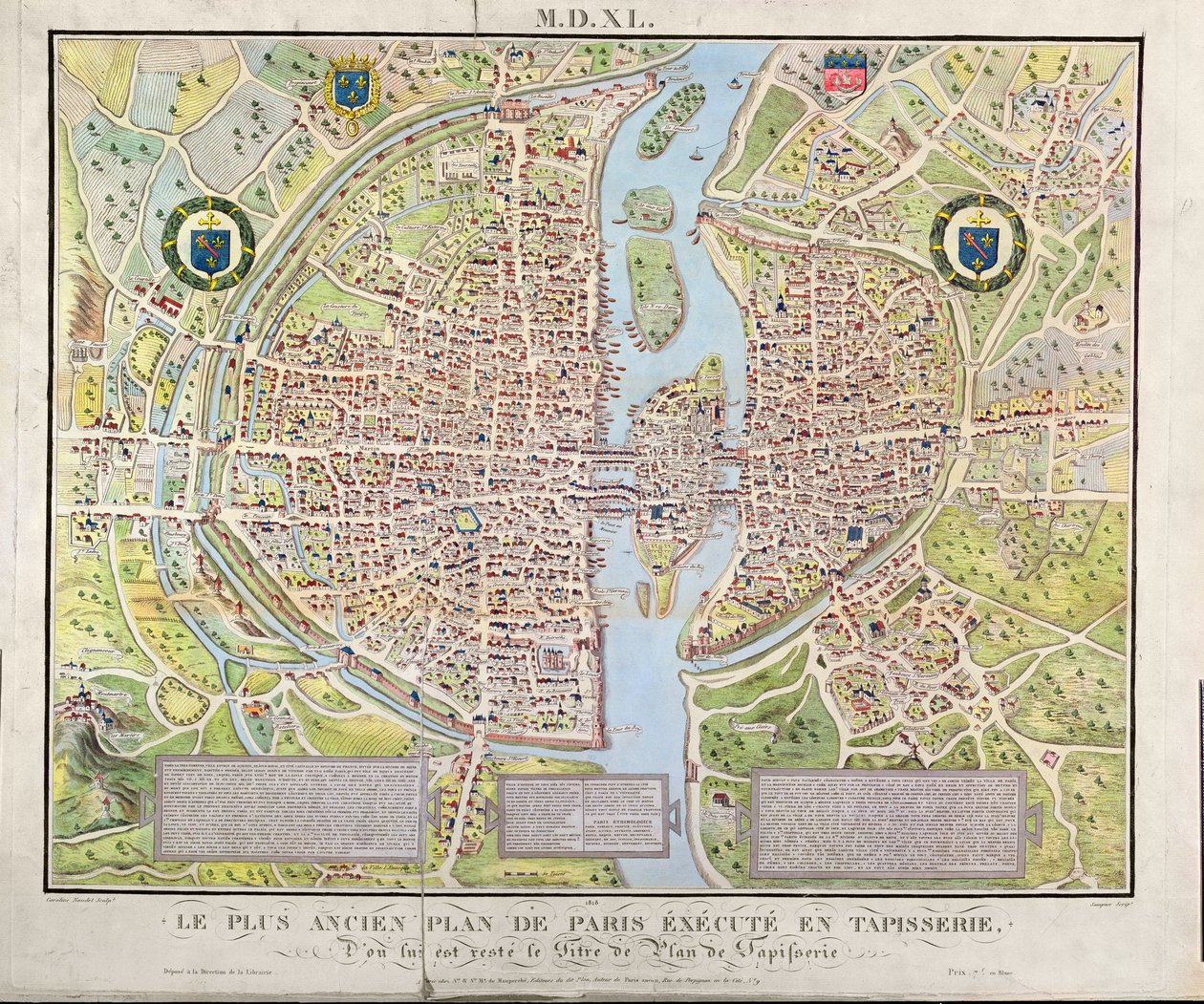 Map of Paris c.1540, known as the Plan de la Tapisserie, made as a tapestry c.1571, 1818 by Caroline Naudet