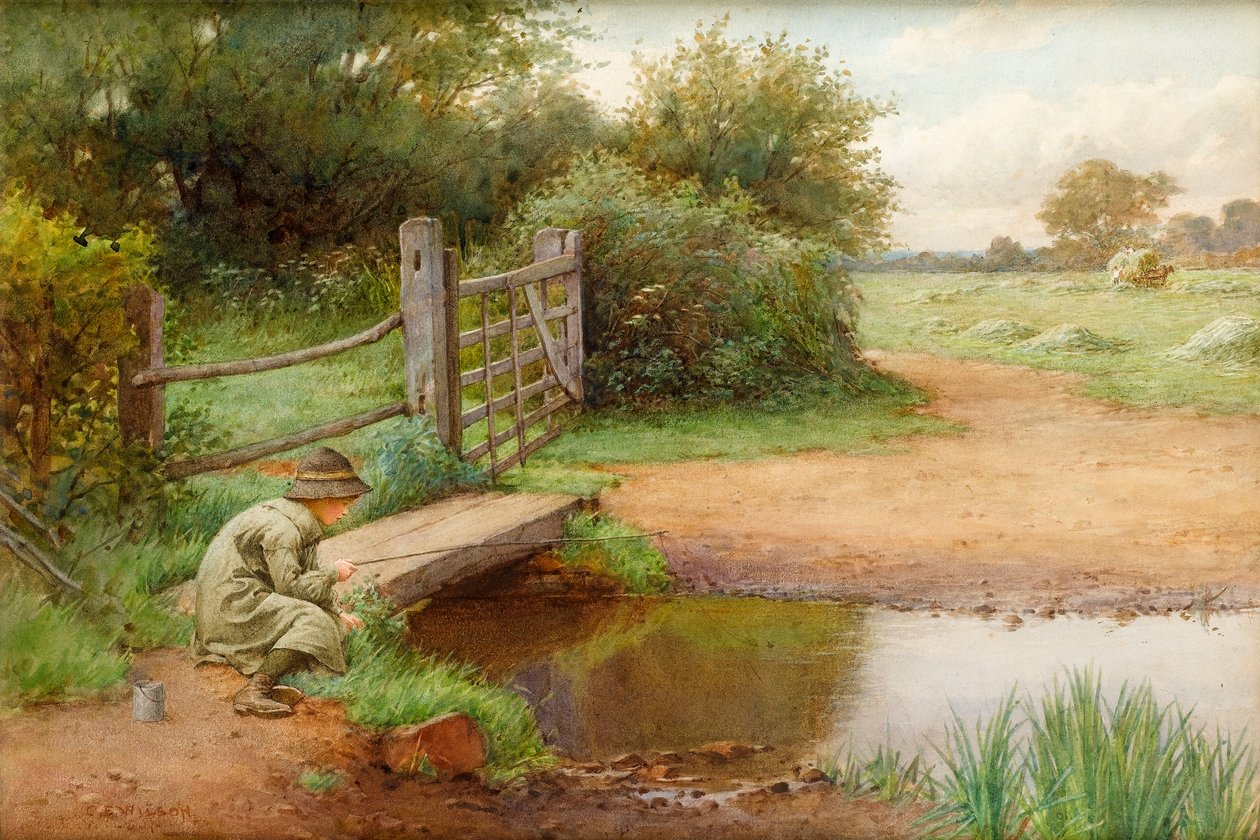 Trying his Luck, Fishing in the brook by Charles Edward Wilson