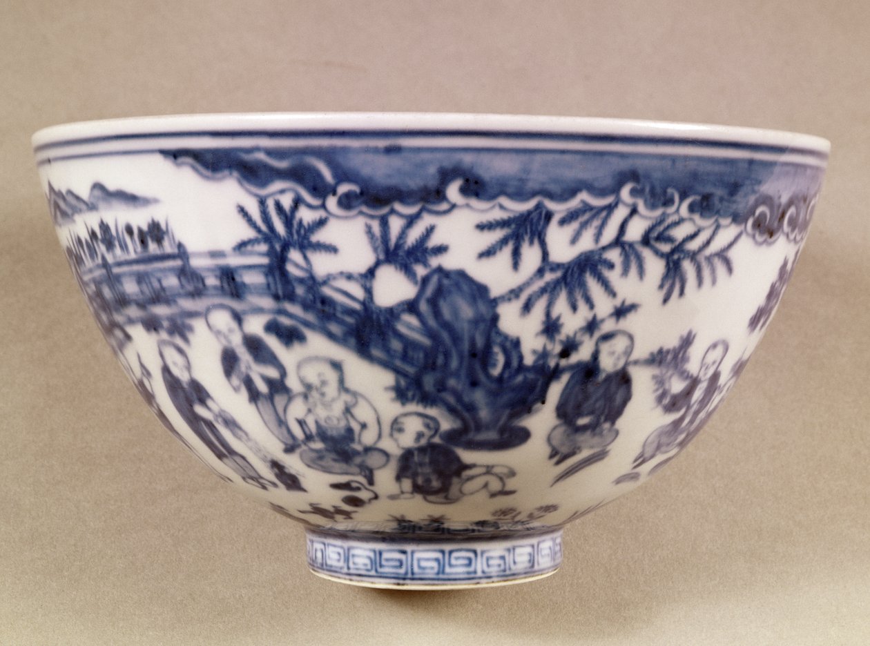 Blue and white bowl decorated with a landscape with figures, 1450-1500 by Chinese School