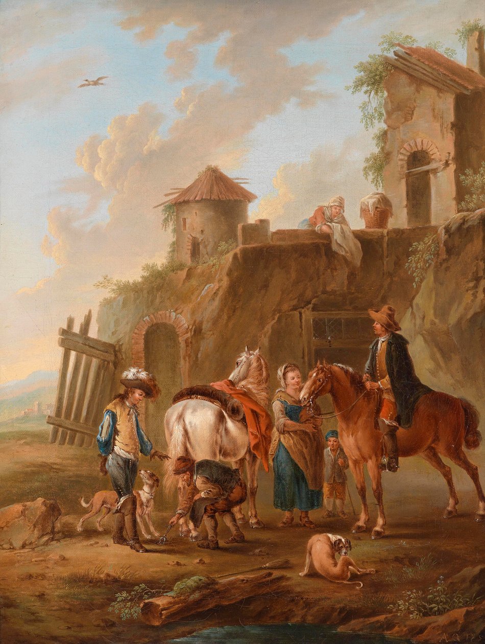 A Hunting Party Resting in Front of a House by Circle of August Querfurt