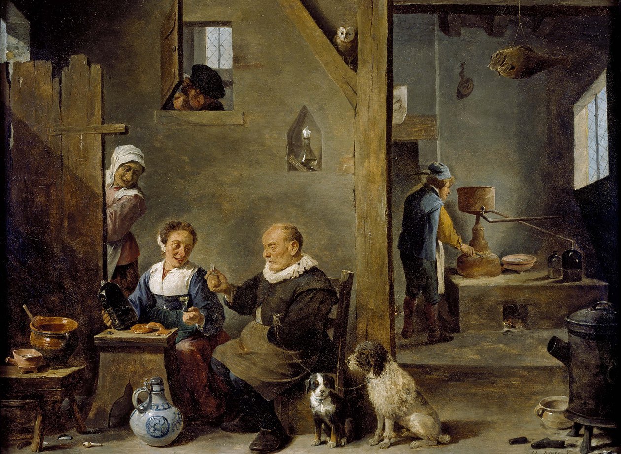 A Distillery with an elderly Man buying Gin from a Woman, c. 1640-49 by David Teniers the Younger