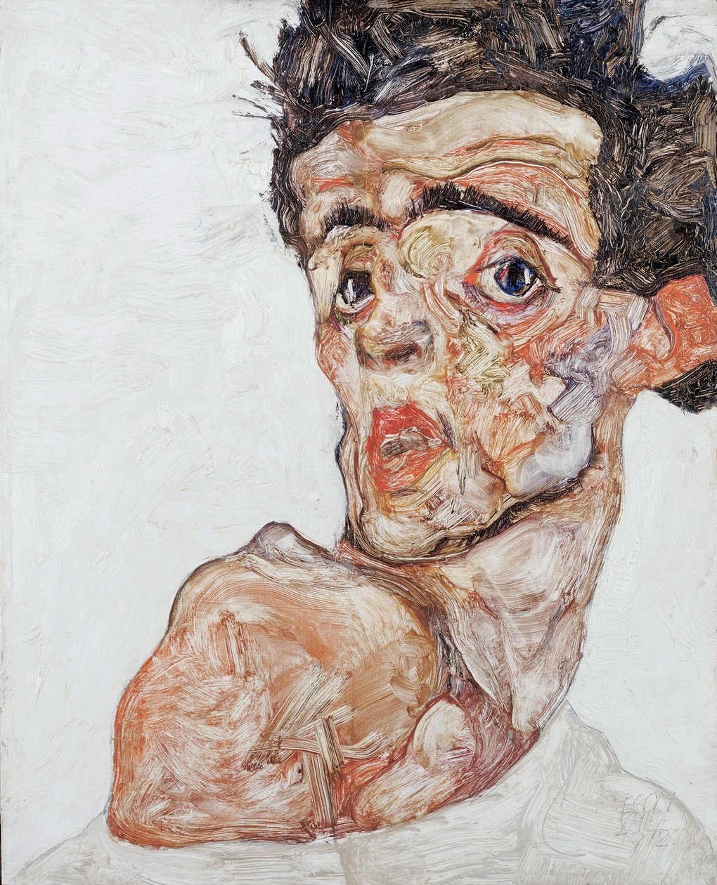 Self-Portrait with Raised Bare Shoulder, 1912 by Egon Schiele