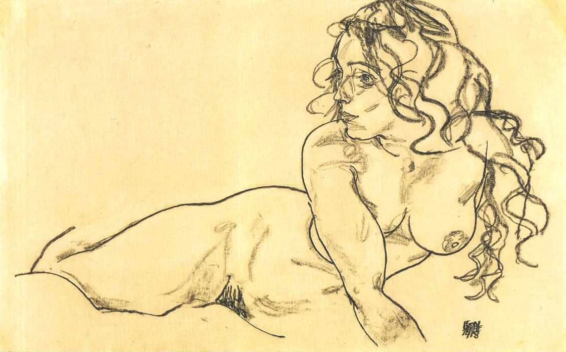 Female Nude Propping Herself Up with Long Hair by Egon Schiele