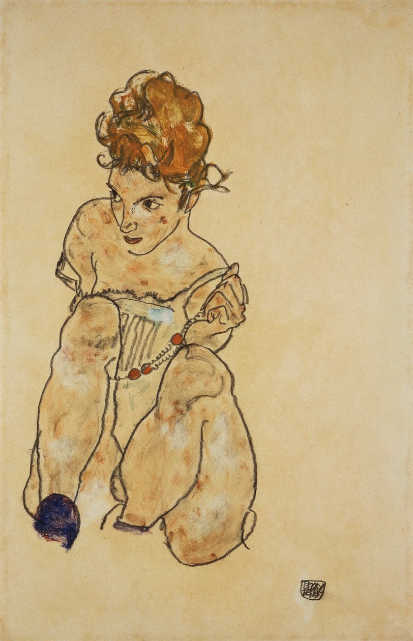 Sitting Girl in Underwear by Egon Schiele