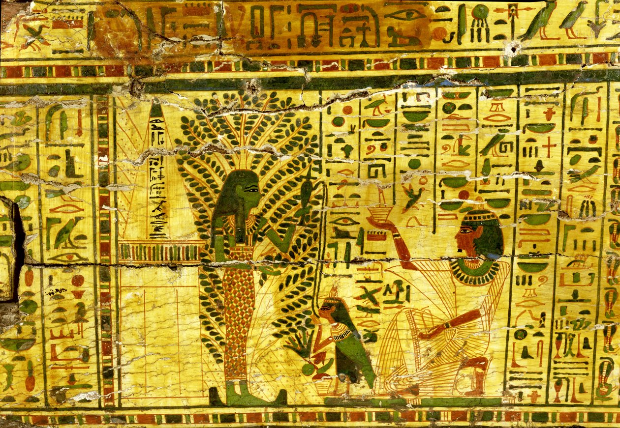 The Sycamore goddess Nut pouring a liquid drunk by the bird-like soul of Nespawershefyt by Egyptian 21st Dynasty