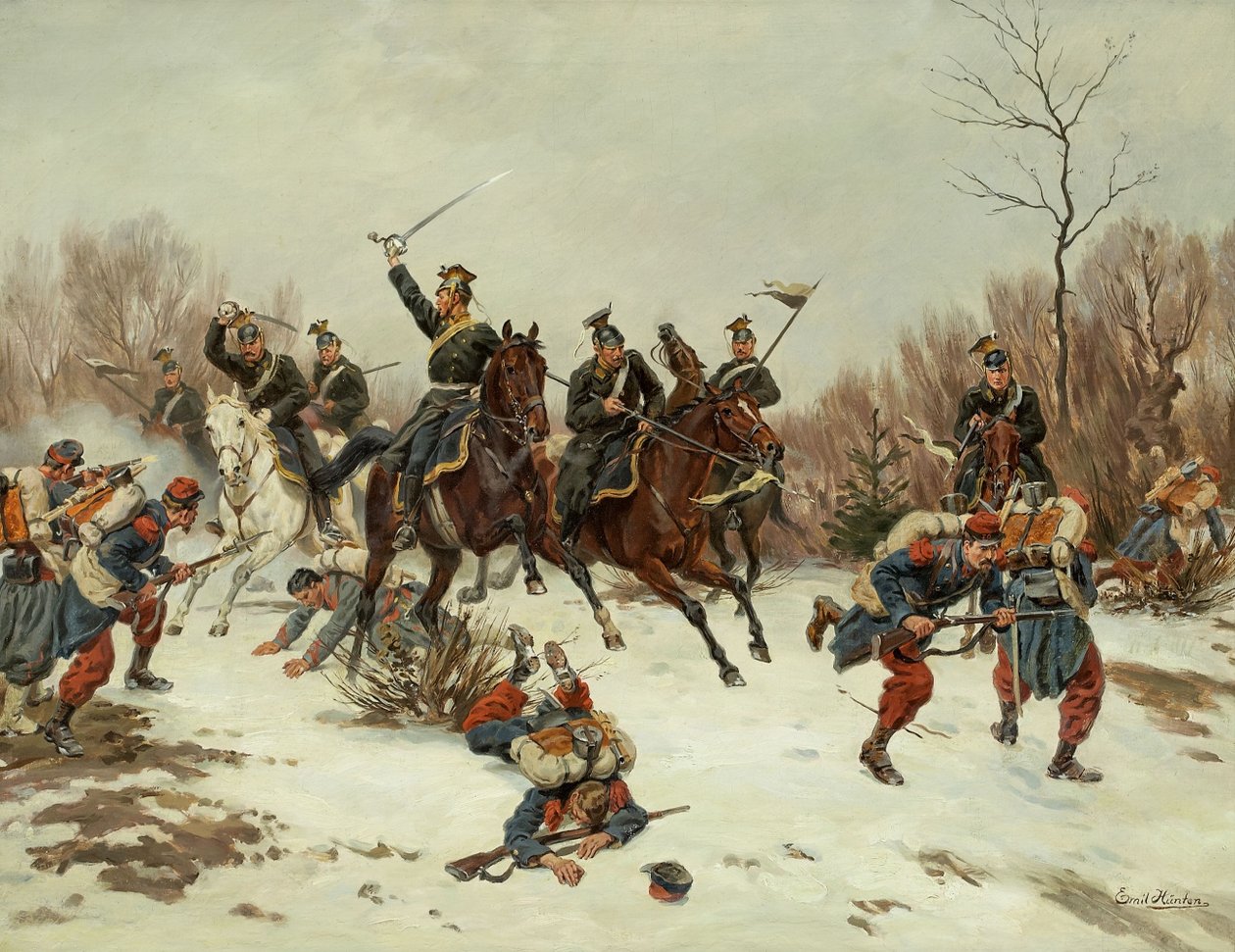 Battle between Prussian Uhlans and French Infantry Soldiers by Emil Hünten