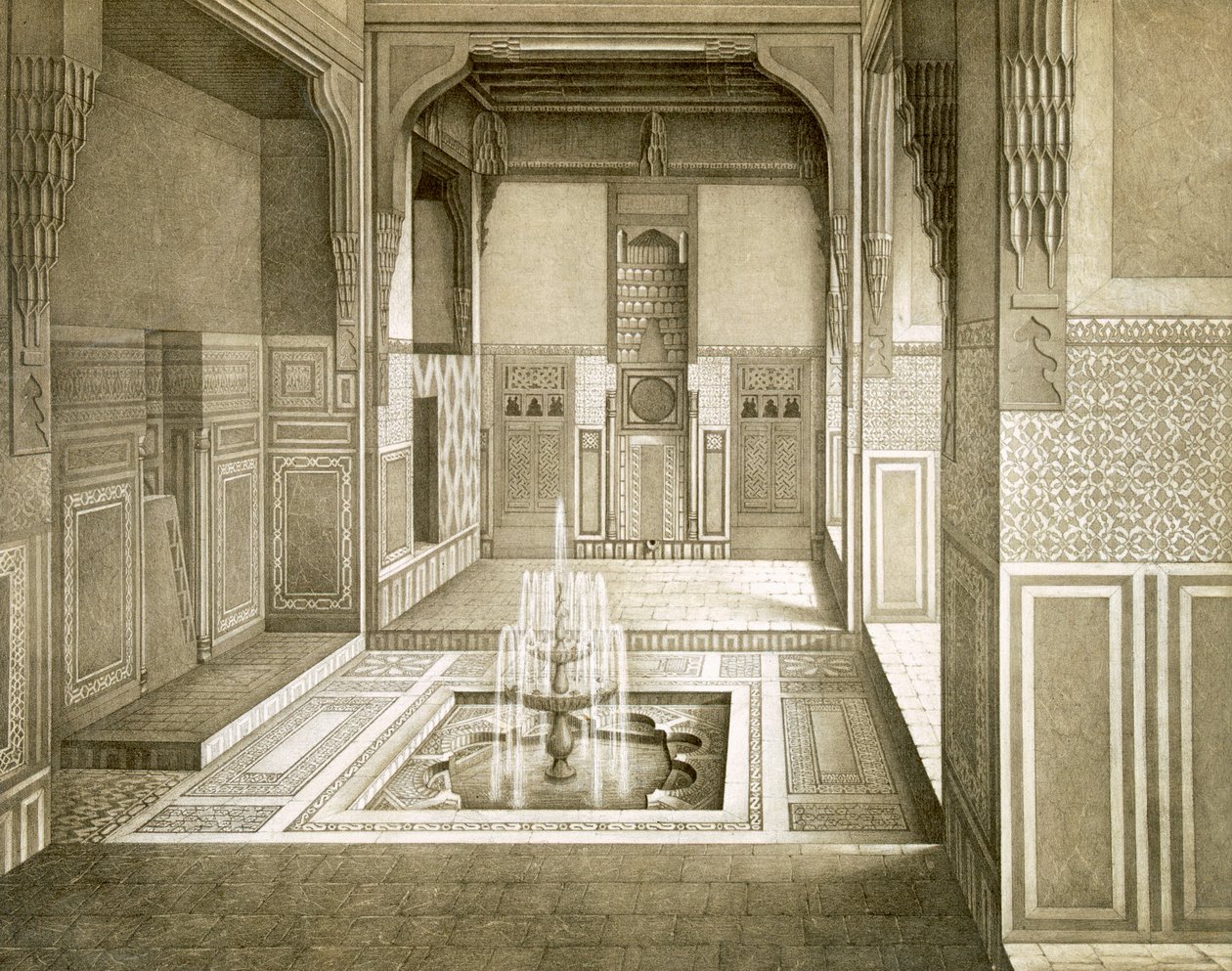 Cairo: Mandarah: Reception Room, ground floor, with pool and fountain, 19th century by Emile Prisse d