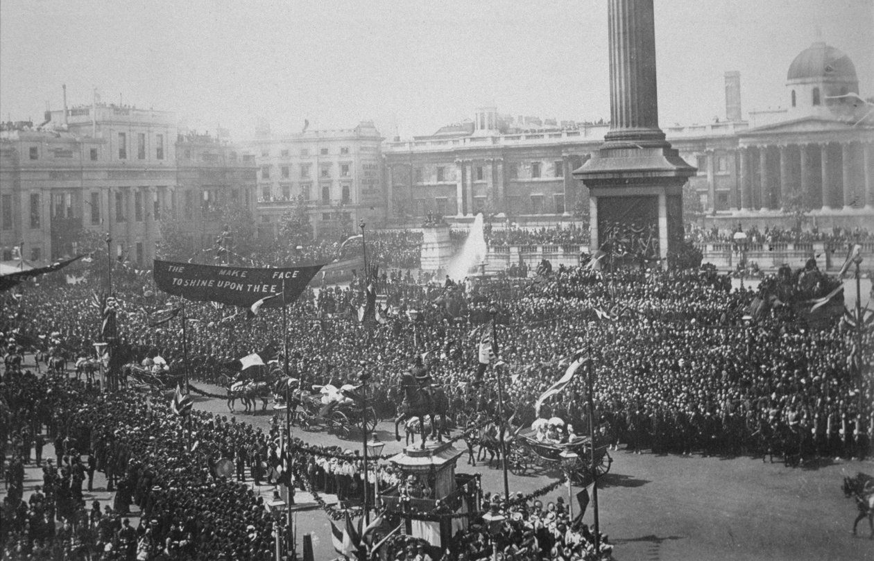 Queen Victoria (1819-1901) being driven through Trafalgar Square during her Golden Jubilee celebrations, 1887 by English Photographer