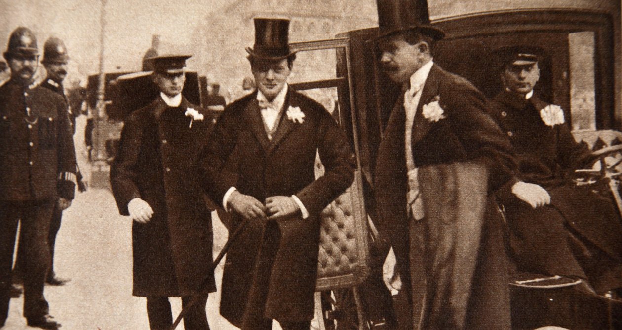 Winston Churchill arriving at the doors of St Margarets, Westminster on his Wedding Day, 1908 by English Photographer