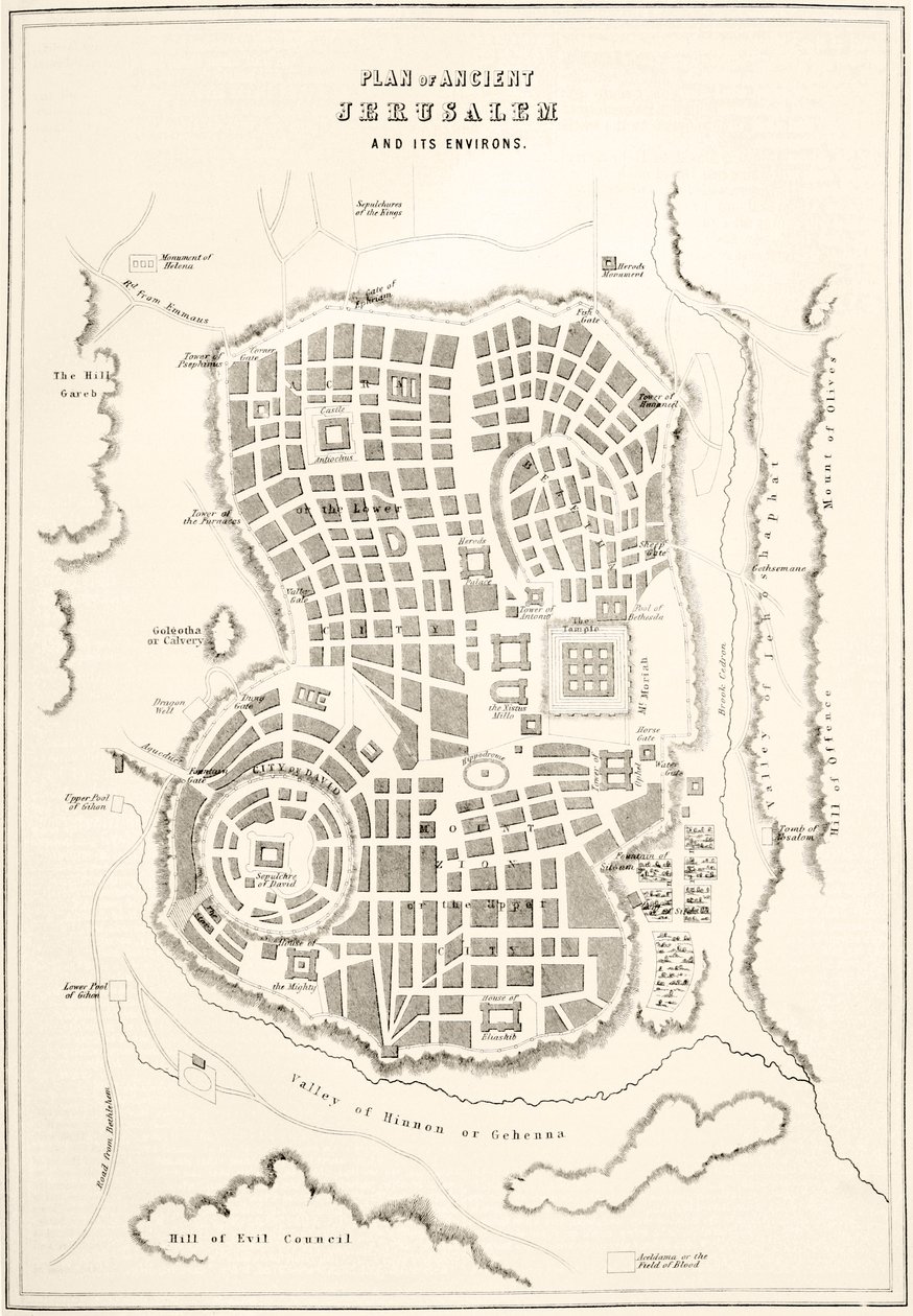 Plan of ancient Jerusalem as it was presumed to be at the time of Jesus Christ by English School