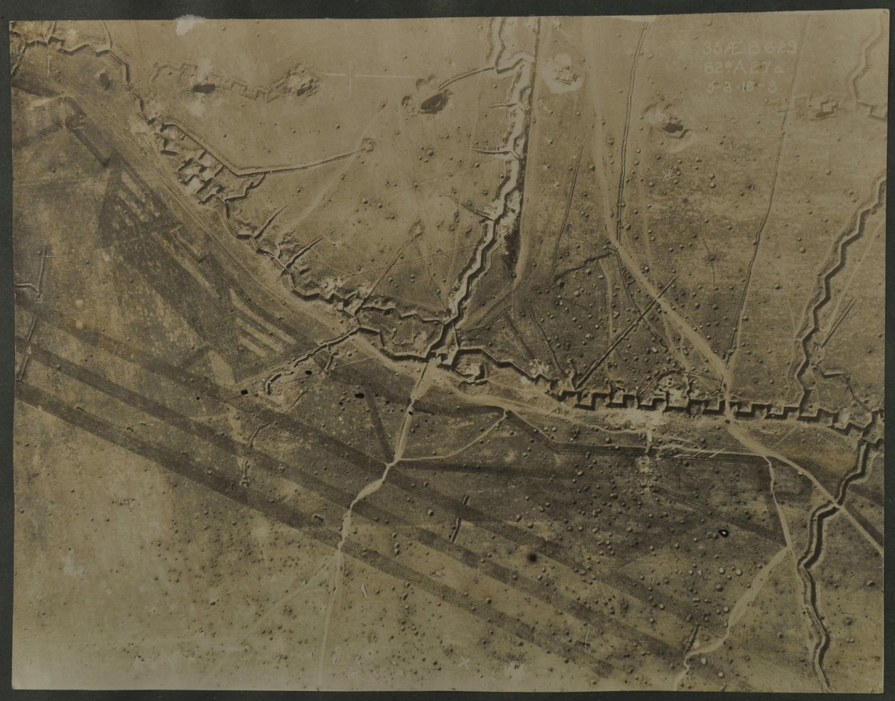 Aerial photograph with WWI trenches, 1918 by English Photographer