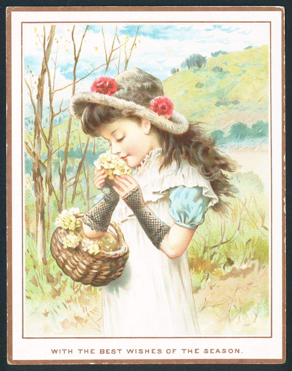 Girl smelling flowers from basket by English School