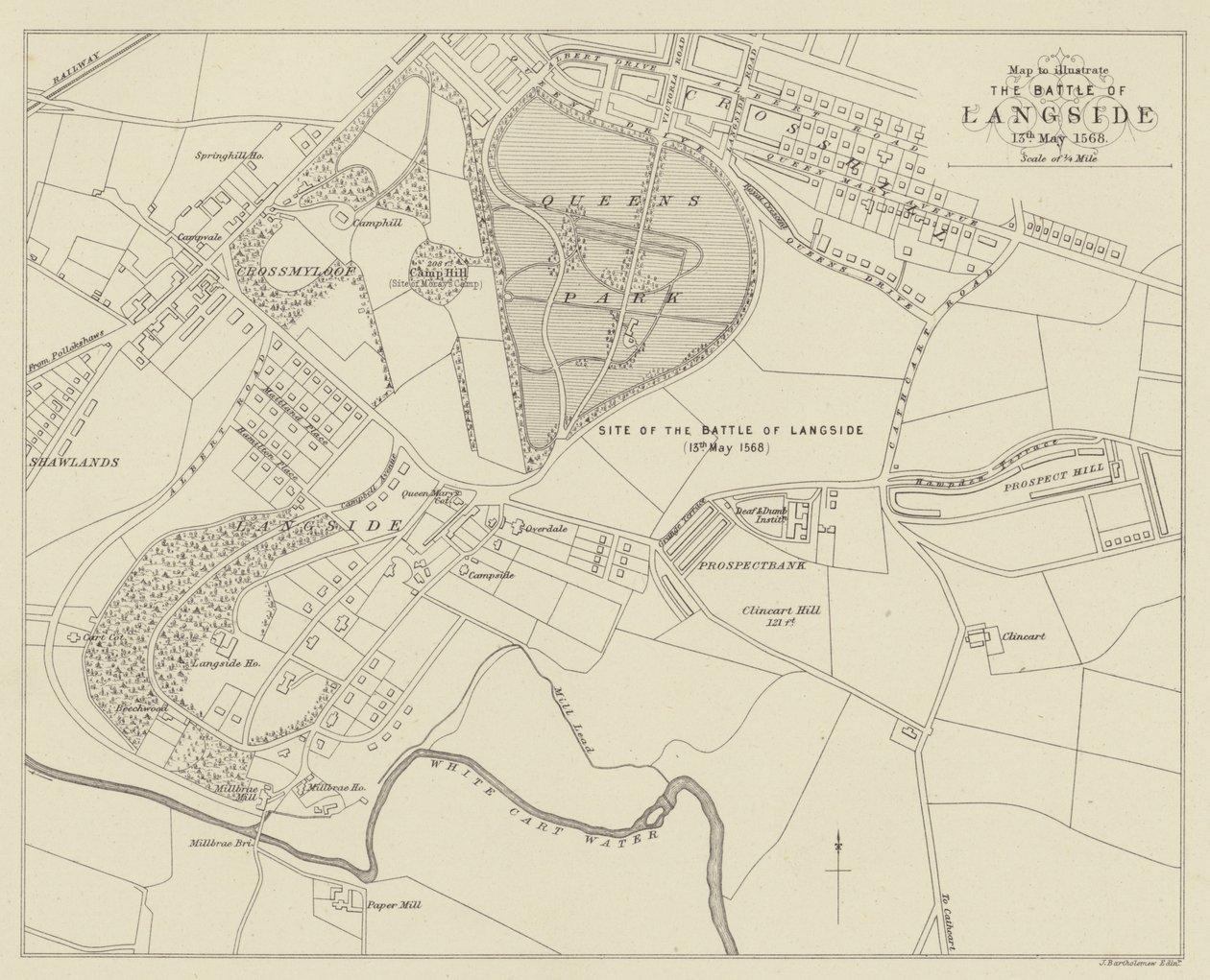 Map to illustrate The Battle of Langside by English School