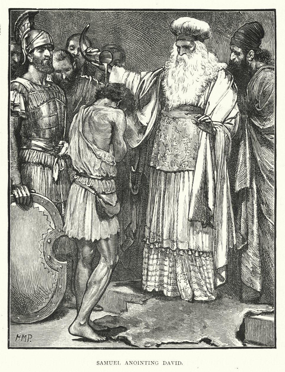 Samuel anointing David (engraving) by English School