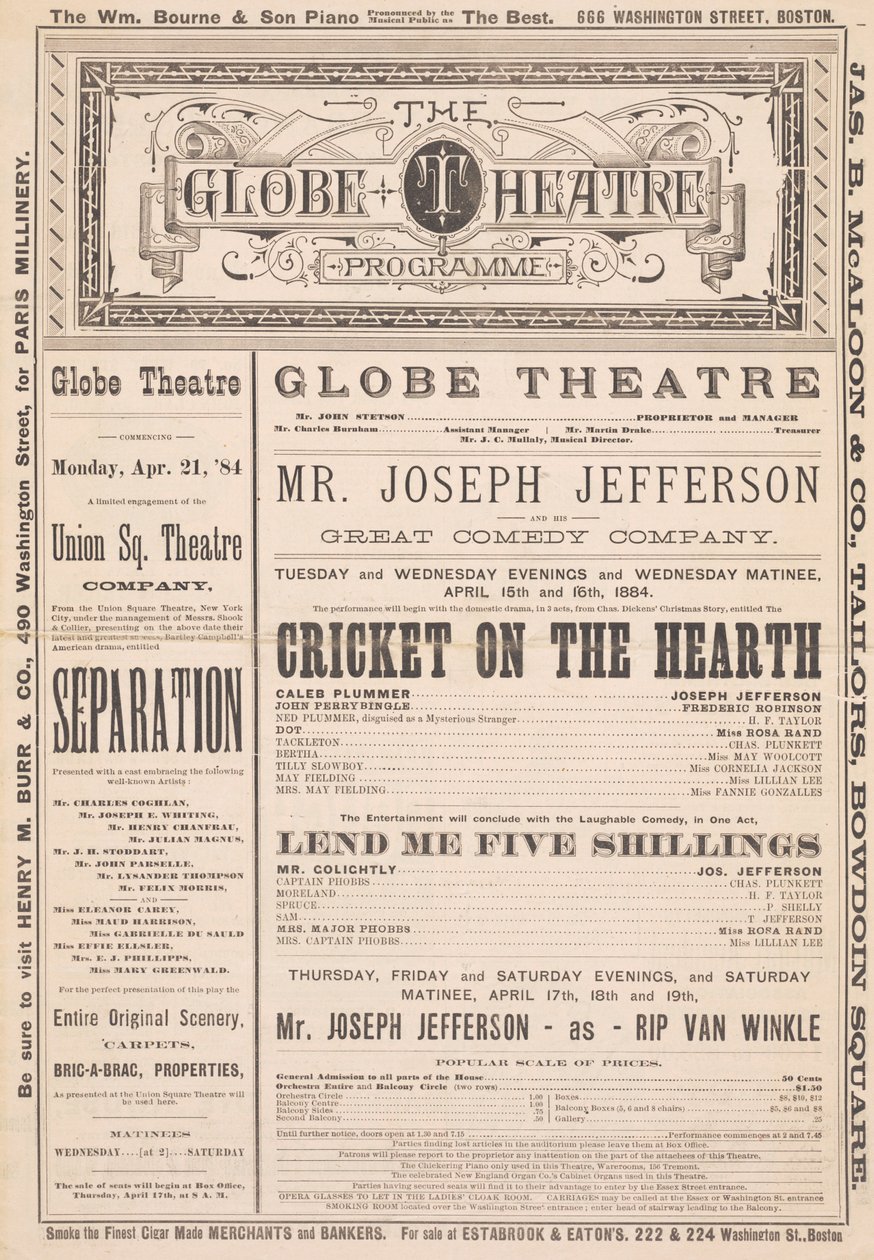 The Globe Theatre Programme, 21st April, 1884 by English School