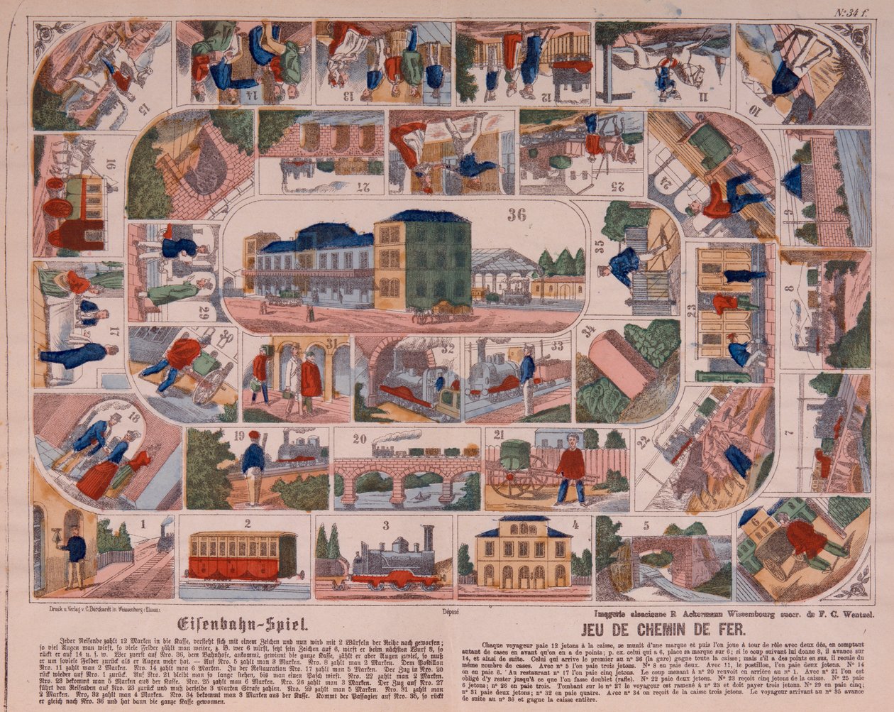 Steam Train Game, Pictorial Broadsheet Published by Ackermann, Wissembourg by F. C. Wentzel