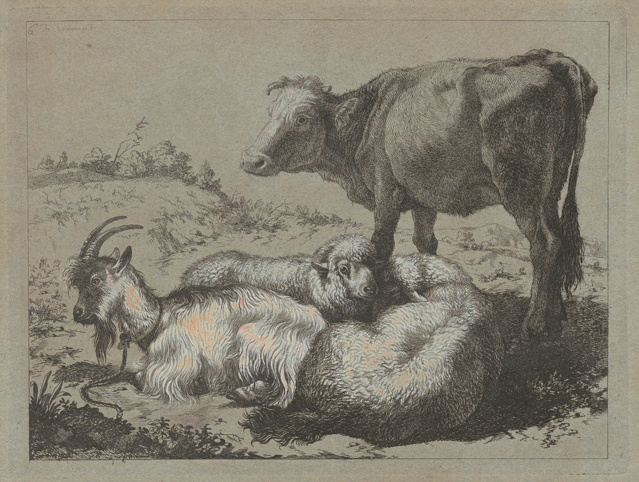 Standing Ox, Two Sheep, and a Goat by Francesco Londonio