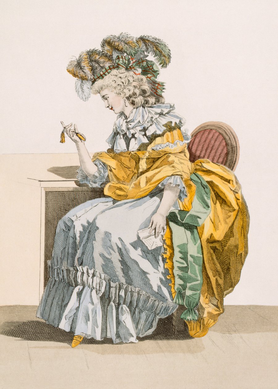 An anxious lady looks at her watch dressed in morning dress and headwear a la Marlborough, engraved by Dupin, plate from 