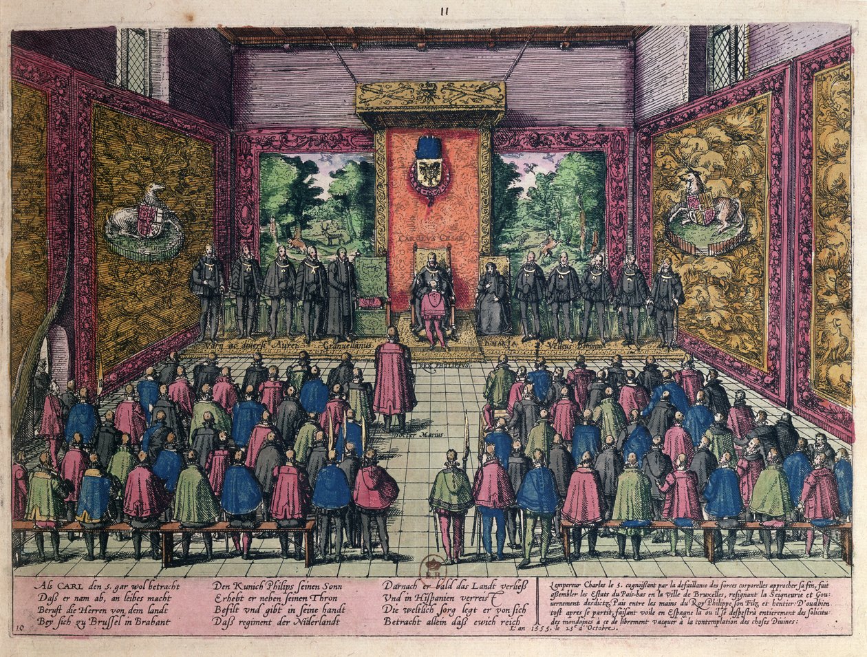 The Emperor Charles V announces the abdication of his power over the Low Countries to his son and heir Philip II before the court at Brussels on the 25th October 1555 by Franz Hogenberg