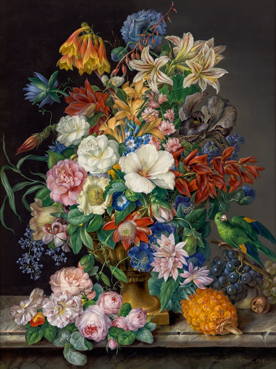 Flower Piece with Pineapple, Grapes, and Parrot by Franz Xaver Petter