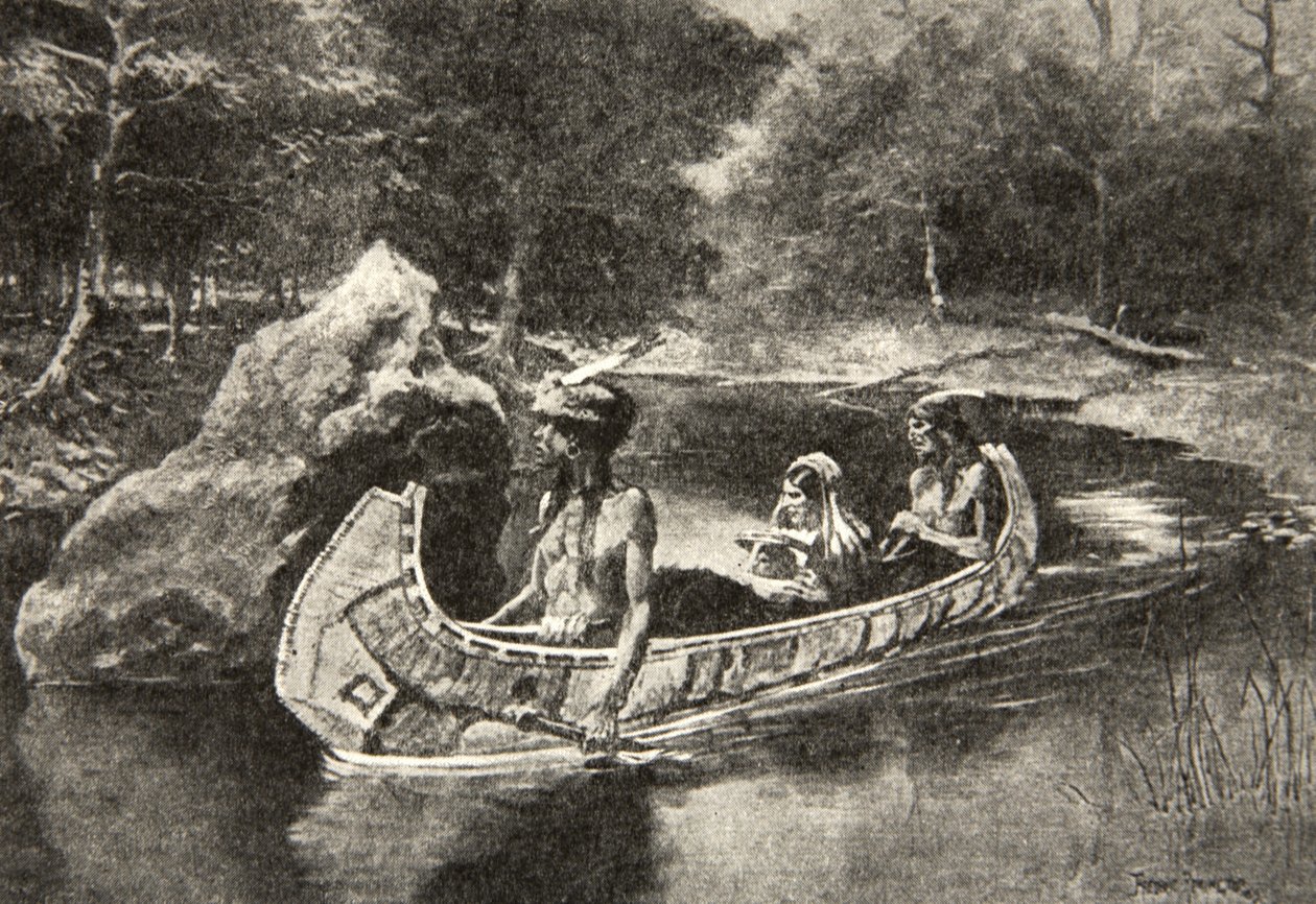 Pitched it Sheer into the River... Where it Still is Seen in Summer, from The Song of Hiawatha by Henry Wadsworth Longfellow, Published by George G. Harrap and Company Ltd. (1911) by Frederic Remington