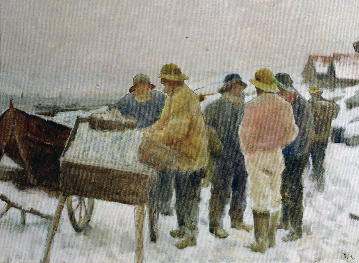 Fishermen around the herring cart by Fredrik Kolstoe