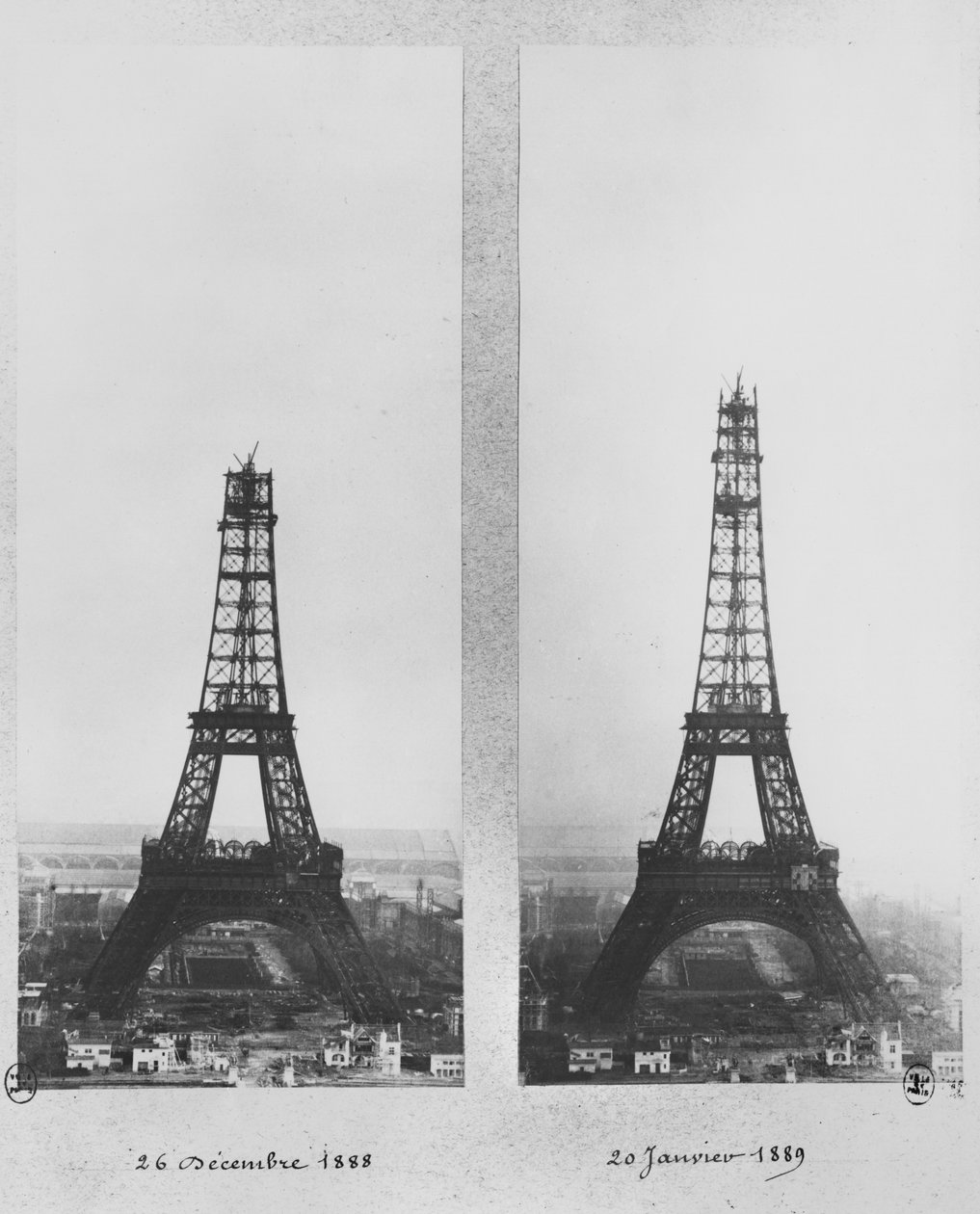 Two views of the construction of the Eiffel Tower, Paris, 26th December 1888 and 20th January 1889 by French Photographer