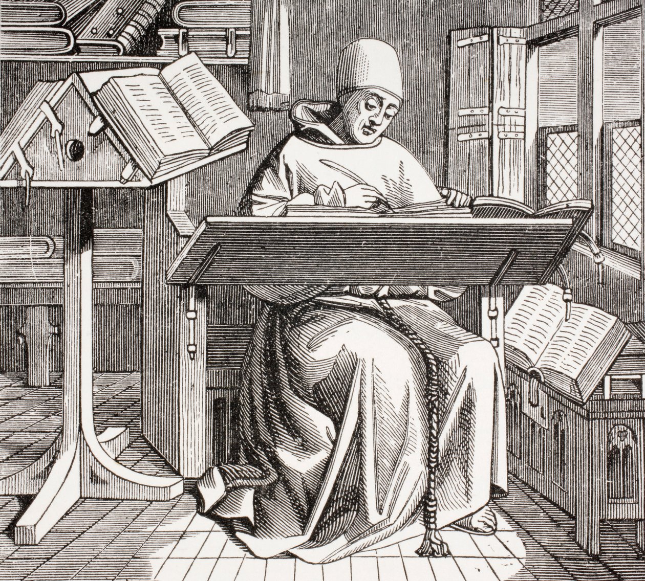 A Monk Scribe Surrounded by Manuscripts and Books at His Desk by French School