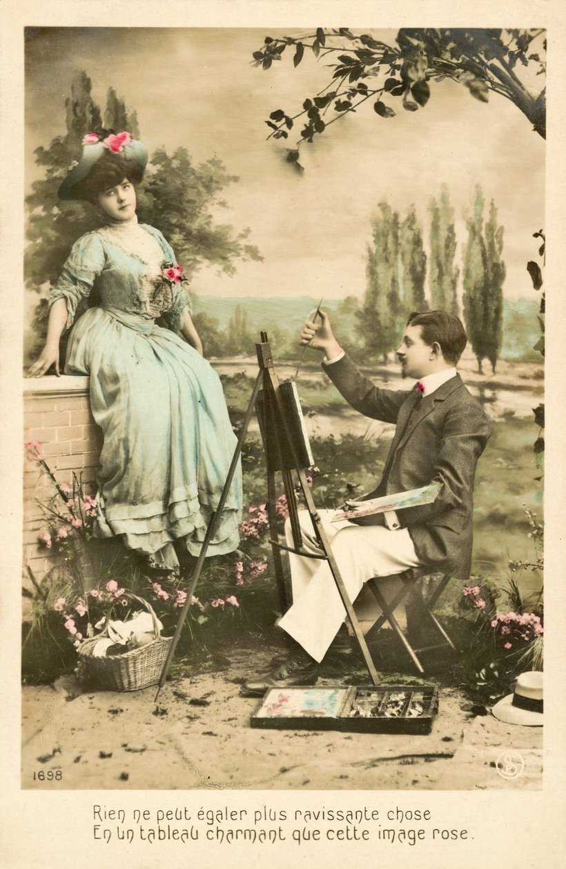 Artist Painting Pretty Girl with Roses by French Photographer